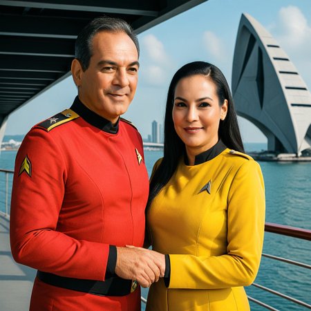 KingEfthms, A realistic photo of ((a man))and woman, the woman in a yellow Starfleet uniform, KingEfthms in (red Starfleet uniform:1.3), Enterprise bridge