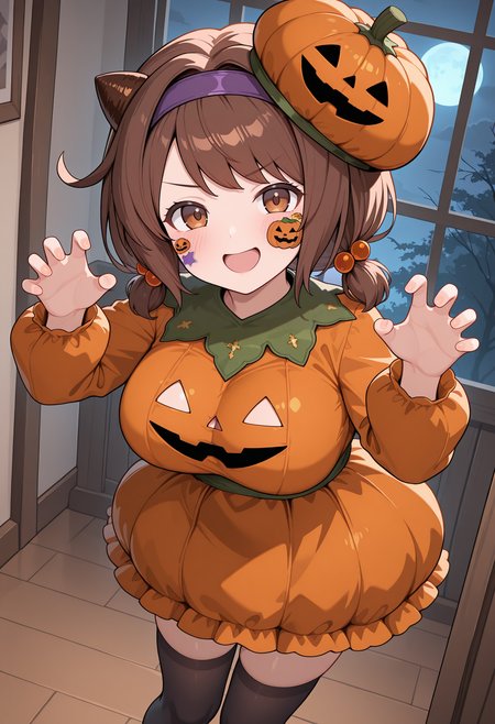 highres, best quality, masterpiece, indoors, halloween, 
1girl, solo, gbfyaia, brown hair, short hair, hairband, draph, brown eyes, large breasts,
yaiahal, hair bobbles, low twintails, sticker on face, pumpkin hat, low twintails, orange dress, halloween costume, pumpkin costume, jack-o'-lantern, black thighhighs,
blush, smile, head tilt, open mouth, 
claw pose, dutch angle, serious,
<lora:_yaia_gbf-elesico-ilxl:1>