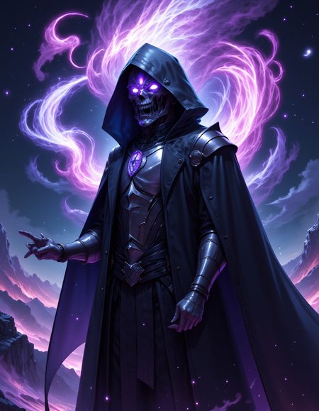 image of an ancient <lora:Dreamwave_FLUX:1> dreamwave wizard channeling powerful magic from the sky, the wizard is wearing a hooded black coat with the hood on, a detailed metallic knight armor is visible through the opening of the coat, the wizard is looking up at the sky while channeling with glowing purple eyes, one hand of the wizard is pointed towards the sky and the other hand is pointed at his front,  powerful and beautiful glowing magic is flowing from the sky towards the wizard, the wizard has a angry look and he is standing with a dramatic pose on top of a mountain, the scenery of the image is highly vivid and detailed and the weather is dark, the image is high resolution and high quality with a magical glowing touch