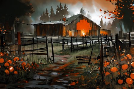 (otherworldly), highly insanely detailed, masterpiece, top quality, best quality, highres, 4k, 8k, RAW photo, (very aesthetic, beautiful and aesthetic), farm, fields, barn, fence, fantfa, <lora:FantasyFarm-10:1>, 
1girl, 
(tangerine hair ,split-color hair,dual-toned hair,two-tone hair), 
(black background),âââ