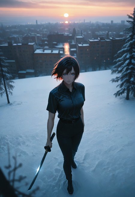 night shot of golden hour shot of blue hour shot of (masterpiece), (best quality), (ultra-detailed), looking at viewer, (muscular legs:0.9),
<lora:dark_v1.9-pony:0.9> dark theme,<lora:NOOB_vp1_detailer_by_volnovik_v1:1.4>  <lora:ebenya:0.8> ebenya, building, outdoors, city, rainy day in a small Russian town,  overcast weather, wet trees,  tree,   painterly sketch illustration, nose, lips, perspective, depth of field, blurry background, 1girl, holding katana, facing to the side, expressionless, dynamic pose, textured clothes, textured background, textured skin, textured foreground, floating hair, short hair, masterpiece, best quality, amazing quality, very aesthetic, from above, snow. Cool light, twilight, peaceful, moody. Warm light, sunset/sunrise, magical, serene. Dark, lit, moody, mysterious