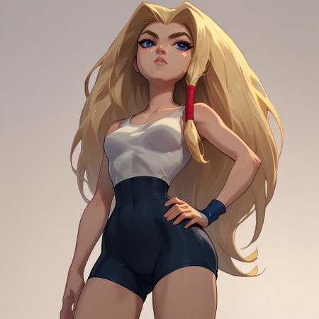 score_9, score_8_up, score_7_up, score_6_up, score_5_up, score_4_up,masterpiece,best quality, highly detailed, score_9, score_8_up, score_7_up, score_6_up,source_anime, 1girl,torunn,hip to one side,hand on hip,full body, natural lighting, FOV 90 degrees,low angle shot,very long hair, blonde hair, solo, blue eyes,hair tubes, tank top,spandex shorts,round ass, fit skinny waist, round breasts, tall, medium body, small breasts, narrow waist, small ass, normal hips, slender, perfect face, perfect anatomy, beautiful anime eyes,musclar arms,Panda Ookuma style