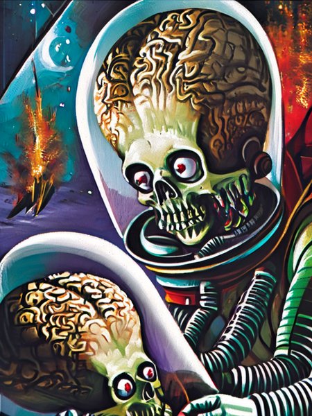 a portrait painting an martian in a clear space suit helmet, highly detailed
<lora:Mars_Attacks_XL_Topps:1>