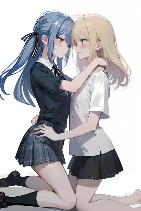 best quality,masterpiece,absurdres,2girls,yuri,from side,facing another,
looking at another,hug,bare legs,PIXIV,white background,<lora:style-ç¾åè±å¼yuri Lora:0.5:lbw=0,0,0,0,0,0,1,1,0,0,0,0,0,0,0,0,0>,
(blush:1.2),
ADDCOMM,
sitting,Wrap legs around someone's waist,
<lora:char-mygo_ä¸°å·ç¥¥å­togawa_sakiko_bangdreamitsmygo:0.7:lbw=0,0,0,0,0,0,0,0,1,1,1,1,0,0,0,0,1>,togawa_sakiko_bangdreamitsmygo,äºº-mygo-mygo_ä¸°å·ç¥¥å­togawa_sakiko_bangdreamitsmygo,
yellow eyes,long_hair,ribbon,(hair_ribbon:1.1),bangs,black_ribbon,sidelocks,blue_hair,black neck ribbon,embarrass,shy,flustered,fold legs,
white collared shirt,buttons,frilled shirt,miniskirt,black_loafers,short sock,flat chest,
ADDCOL,nice legs,kneeling,
<lora:char-mygoä¸è§åè¯ Misumi Uika (Bang dream! Ave Mujica):0.7:lbw=1,0,0,0,0,0,0,0,1,1,0,0,0,0,0,0,0>,
misumi uika,bright blonde hair,purple eyes,shoulder length hair,
white shirt,miniskirt,short sleeves,flat chest,mature_female,elder_sister,smile,