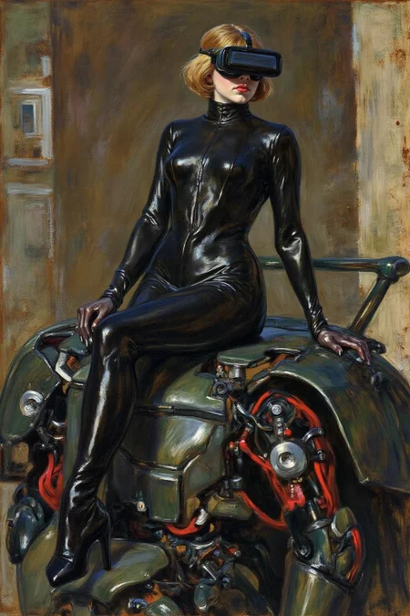 lautrec1 painting
sydme1 painting A striking, futuristic scene depicts a woman dressed in sleek, form-fitting leather attire, sitting confidently atop an open power suit, inspired by the cyberpunk aesthetics of Masamune Shirow. The power suit, a blend of advanced technology and military-grade armor, features intricate mechanical details, exposed wiring, and a robust, yet streamlined design. The woman, wearing a cutting-edge VR headset, exudes a sense of control and mastery over the machine beneath her. Her posture is relaxed yet commanding, with one hand resting on the suit's metallic surface and the other casually holding a piece of advanced tech.   <lora:lautrec4_nocap_d6a3:1.0><lora:813637269102736071:0>