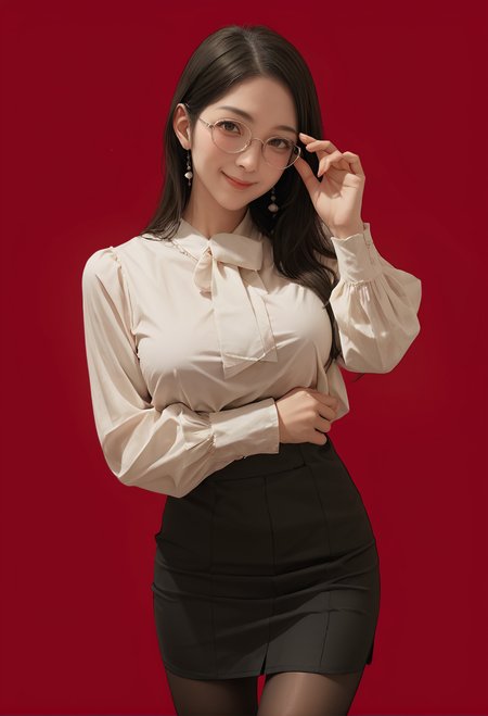 1girl,solo,red background,,ruanyi0906,black pantyhose,black skirt,blouse,glasses,long sleeves,
adjusting eyewear,cowboy shot,<lora:0906 Home wear 6_v1_pony:1>, score_9, score_8_up, score_7_up, score_6_up, score_9, score_8_up, score_7_up, score_6_up source_anime, blush, 1girl, seduce smile, perfect body , natural huge breasts
