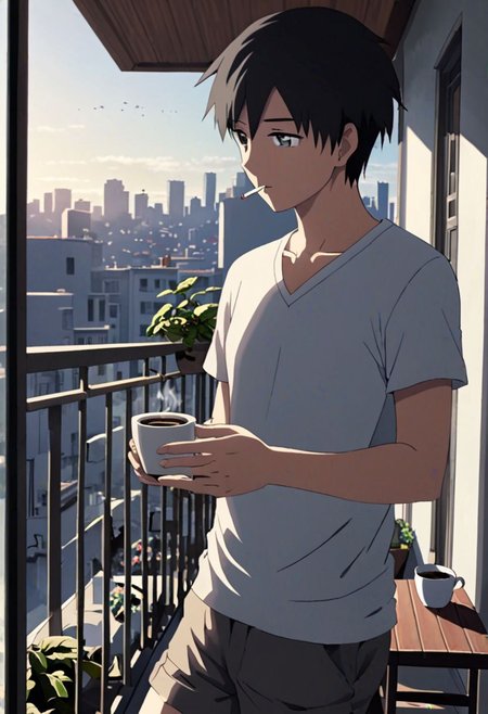 Highres, Masterpiece, High Quality, 4K, 8K, solo, 1Boy, Takaki Toono, adult, black hair, short hair, home balcony, city view, small table, balcony chair, houseplants, fresh air, morning, breeze, soft sunlight, calm, peaceful, holding a cigarette, cup of coffee, v-neck t-shirt, shorts, relaxing, enjoying moment, ashtray, coffee cup, easynegative, detailed_eye_model