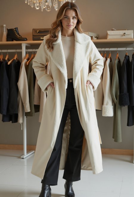 full body shot, beautiful woman, clo023, wearing a closed longline cream coat, shearling collar and cuffs, belted at the waist, sweater, black trousers, boots, posing in a detailed fashion store,