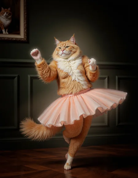 <lora:humanimality2:1>This is a high-resolution, CGI-rendered photograph of a fluffy, orange and white Persian cat dressed in a ballet tutu. The cat is depicted mid-ballet pose, with one paw raised elegantly in the air, and the other firmly planted on the floor. The tutu is a soft, pastel pink, adding a whimsical and playful element to the image. The cat's fur is meticulously detailed, showcasing its fluffy texture and the intricate patterns of its fur, including the distinctive markings on its face., The background features a dark green wall with elegant wainscoting, adding a classic and sophisticated atmosphere to the scene. On the wall to the left, there is a framed photograph of another cat, which adds to the whimsical and humorous theme of the image. The floor is made of polished, dark wooden planks, which contrast with the light colors of the cat and tutu. The overall composition and lighting create a warm and inviting environment, emphasizing the playful and humorous nature of the scene. The image captures the essence of a cat's natural grace and charm, combined with a whimsical, human-like pose and attire, making it a humorous and endearing portrayal