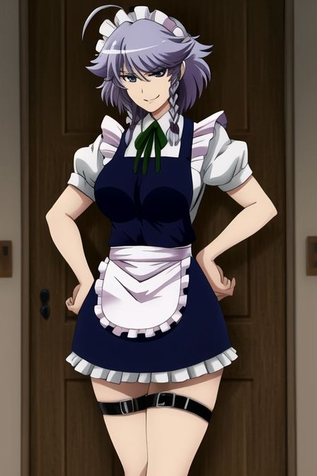 izayoi sakuya, 1girl, ahoge, apron, braid, breasts, danmaku, grey hair, knife, maid, maid headdress, medium breasts, ribbon, short hair, smile, solo, thigh strap, twin braids, waist apron, 
masterpiece, best quality, very aesthetic, absurdres, pixiv, anime coloring
