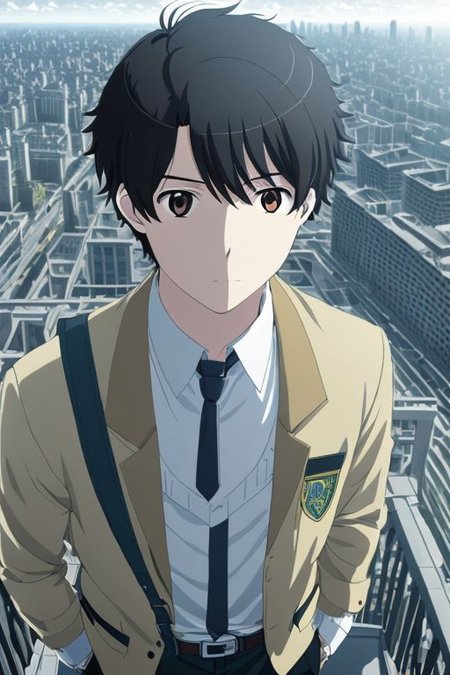 high resolution, solo, best quality, 1Boy, Portrait, Inaho Kaizuka, Black Hair, high-rise, top of building, landscape, depth of field,