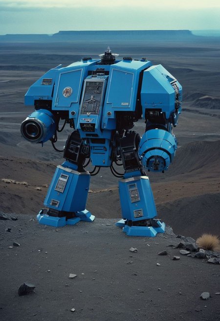 From a high-angle perspective, a massive azure drdnght machine dominates the frame, its imposing stature emphasized against the desolate landscape below, the scene captured through the grainy lens of a handheld Super 8 camera, lending an air of gritty realism to the sci-fi spectacle.