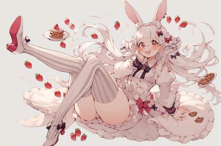 score_9, score_8_up, score_7_up, score_6_up, 1girl, blush, blunt bangs, bow, cookie, food, frills, strawberries, round eyewear, hair ornament, happy, white hair, rabbit ears, elegant shoes, simple background, solo, striped, striped legwear, thighhighs, vertical-striped legwear, vertical stripes, wrist_cuffs, shorts, elegant clothes, puffy sleeves, long sleeves,  hand on own face, thick thighs, knees up, <lora:Uekura_eku_Style-000009:0.8>, dynamic pose,