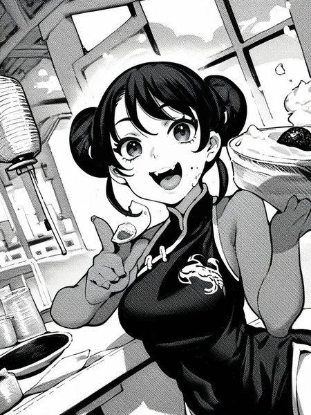 score_9, score_8_up, score_7_up, score_6_up, 1girl eating sushi, open mouth, food, restaurant, paper lantern, looking at food, black hair, hair buns, medium breast, eyes, smile, china dress, looking at viewer, cowboy shot, dynamic pose, smile, cute, wide shot, solo, dutch angle, detailed landscape, 
 <lora:ABearHand_style:1>, HandBeardXLP, monochrome, greyscale,