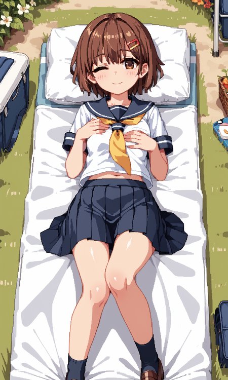score_9, score_8_up, score_7_up, BREAK source_anime, masterpiece, anime screencap, shiny skin, official style, illustration,
8k, highres, incredibly_absurdres,
insanely detailed, anatomically correct, best perspective,
<lora:Aduare Style Pony:0.35>,
pixel art,
1girl, (Beautiful Breasts, natural breasts:1.2),
smile, one eye closed ,
full body ,
from below,
sharp focus, colorful,
cute, shy ,
looking back,
hand on chest ,
lying, on back ,
short hair, flat chest, brown eyes, hair ornament, brown hair, hairclip, bangs, 
school uniform, skirt, serafuku,short sleeves,yellow neckerchief, pleated skirt, black skirt, shirt, sailor collar,
In the park, in the woods, in a tent,
<lora:Summer_Memoriesãã¾ããã¼_Doujin_OtomeHentai_Game_Art_Style:0.85>