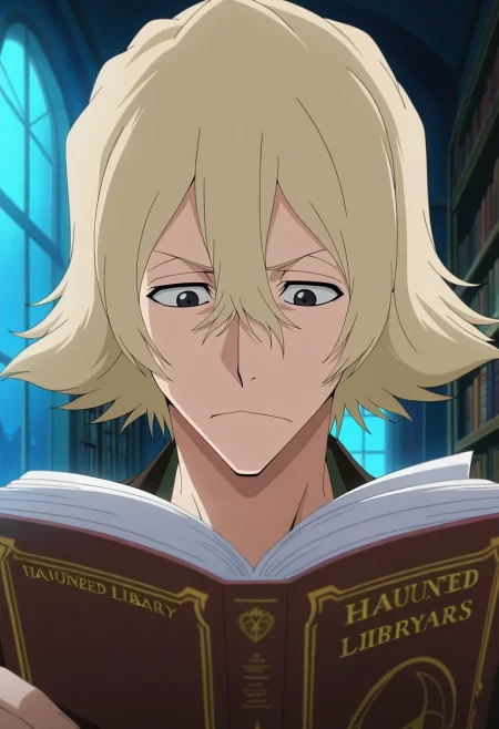 masterpiece, best quality, , anime screencap, anime coloring, official style, , 1boy, solo, male focus, <lora:kisuke_urahara_ilxl:0.9>, kisuke_urahara, blonde hair, black eyes, short hair, hair between eyes, , , haunted library, ghost books, shadow corners, dusty shelves, reading pose, wary expression, moonlight,