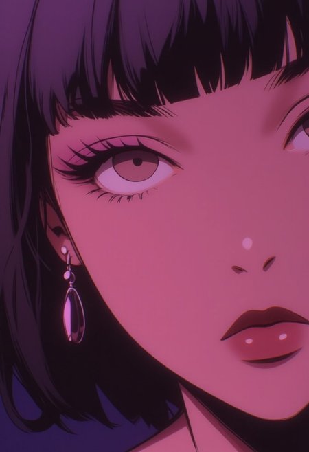 masterpiece, best quality,high quality, newest, highres,absurdres, solo, mole under eye, 1girl, mole, solo, eye focus, earrings, jewelry, red eyes, close-up, makeup, looking at viewer, black hair, eyelashes, bangs, lipstick, maroon lips, dark pink eye shadow