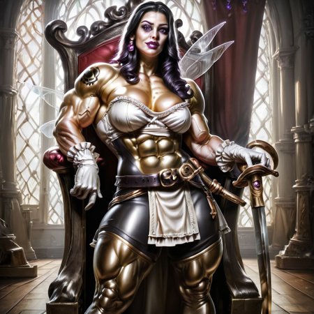Action scene, Photo realistic, hyper realistic, score_9, rating_safe, solo (arch fey woman, (beautiful detailed face), (violet eyes), (bronze metallic gold skin ral-polishedsteel), (pirate, white blouse, black pants, gloves), (fairy wings), (long black hair), (thick thighs | large muscles), (sword belt)), standing next to a throne, in a detailed throne room, hi res, hi quality, 4k, realism