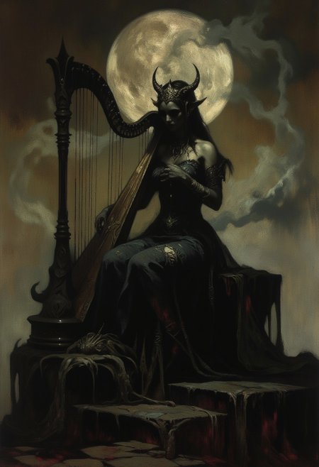 (masterpiece, best quality), Dark art in chdmchlwrd style, 
A slender, eerie musician with ashen skin and long, flowing hair that seems to ripple like smoke. Her fingers, elongated and bony, pluck at a dark, worn harp that emits haunting, melancholic melodies. Her dress is stitched from shadows, and her eyes are completely black, absorbing all light. The music she plays seems to draw the spirits from nearby, and a faint, ghostly choir joins her song, filling the air with a mournful, spine-chilling harmony.
, detailxl
