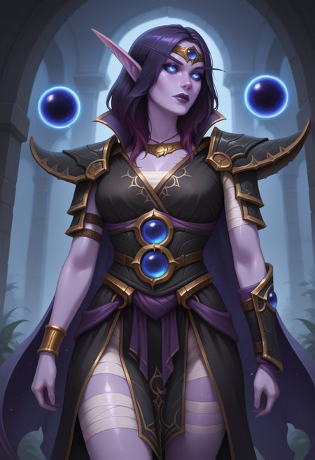 masterpiece, high quality, amazing detail,
1girl, solo, cowboy shot, blue eyes, ss-maminxalat, elf, long eyebrows, pointy ears, glowing eyes, colored skin, purple skin, purple lips, purple hair,gradient hair, circlet, black clothes, golden trim, high collar, big shoulder armor, single bracer, waist belt, pelvic curtain, back skirt, void sphere, thigh bandages, detached cape,
<lora:XalAtath_WOW_-_ILLU_by_SulfurSniffer:0.7>,   <lora:ILLUYuPaChu_-_Artist_style_model_by_SulfurSniffer:0.7> ss-yp$-illu,