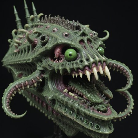 <lora:Chaos_Warfleet_-_Warhammer_40000_SDXL:1>chaoswarfleet, green battleship,space,warp,demonic presence,demonic face,distortion,nightmare,bones,pus,rot,tentacles,eyes,tongues,tentacles,flesh,mouths,twisted,