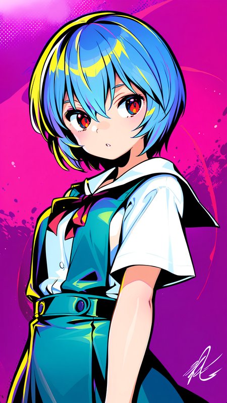 ,
1girl,ayanami rei,solo,red eyes,short hair,school uniform,blue hair,tokyo-3 middle school uniform,signature,short sleeves,hair between eyes,suspender skirt,purple background,bangs,purple theme,shirt,cowboy shot,looking to the side,skirt,white shirt,looking at viewer,parted lips,suspenders,traditional media<lora:anono_XL:1.5>