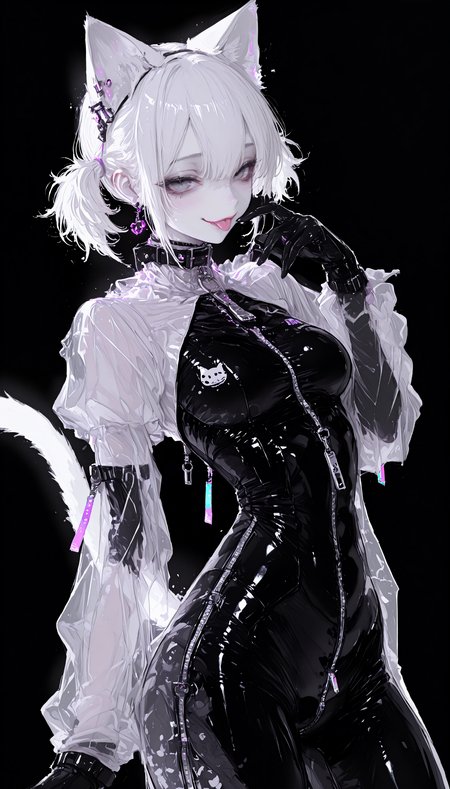masterpiece, best quality, good quality, newest, highres, absurdres,
1girl, solo, breasts, looking at viewer, blush, smile, short hair, simple background, long sleeves, gloves, animal ears, jewelry, twintails, medium breasts, standing, tail, white hair, cowboy shot, earrings, black gloves, tongue, puffy sleeves, hand up, cat ears, tongue out, collar, grey eyes, cat tail, see-through, bodysuit, cat girl, black background, short twintails, skin tight, :p, zipper, shiny clothes, black bodysuit, shrug \(clothing\), zipper pull tab, see-through sleeves, latex, latex bodysuit, melanch0ly,xxx667_illu, glowing <lora:illustriousXL_stabilizer_v1.23:0.3> <lora:NOOB_vp1_detailer_by_volnovik_v1:0.3> <lora:ponyv6_noobE11_2_adamW-000017:0.3> <lora:GENESIS_MK0.2:0.7> <lora:r17329_illuu:0.5> <lora:mon_monmon2133:0.5> <lora:XXX667:0.6>
