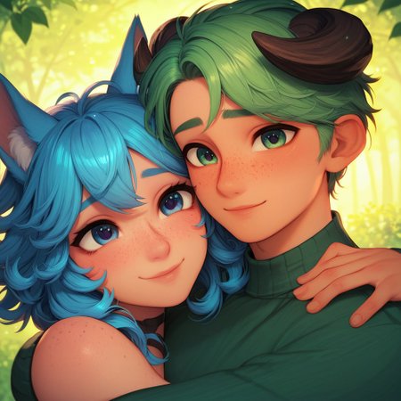 aid291, score_9, score_8_up, score_7_up, score_6_up, high detail, 4k, high resolution, cartoon style, 2boys, femboys, cute, cute boys, feminine boys, romantic, blue hair, green hair, fluffy hair, freckles, animal horns, animal ears, happy, loving expression, loving gaze, looking at one another, detailed face, beautiful face, expressive eyes, beautiful eyes, face focus, <lora:Hugging:1> hugginganother, hug, couple, forest background
