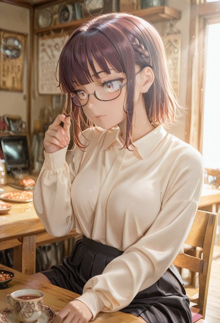 1girl, solo, masterpiece, best quality, newest, absurdres, CG, anime, source anime, illustration, very aesthetic, high resolution, ultra-detailed, newest, scenery, medium depth of field, rule of thirds, masterpiece-level, clean lines, sharp, focused subject, 
BREAK 1girl, ((solo)), brown eyes, under-rim eyewear, black-framed eyewear, brown hair, braid, blunt bangs, sidelocks, medium hair, medium breasts
white shirt, collared shirt, frills, long sleeves, black skirt, pleated skirt, miniskirt
playing with own hair, sitting, 
indoors, chair, window, japanese restaurant, counter, showcase, omakase, sushi plate, wooden plate, calendar (object), soy sauce, saucer, teacup, 
cinematic angle, various angles, detailed background, beautiful background, (rays light:1.0),(grow:1.0), light particles
