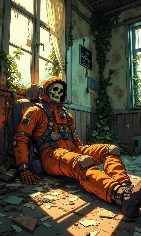 This image depicts a haunting and eerie scene set in an abandoned, decaying room. The central figure is a skeleton dressed in a rusted, orange astronaut suit, lying on the floor as if it has been there for a long time. The suit is detailed with various straps, buckles, and patches, adding to the realism of the scene.
The room itself is in a state of disrepair, with peeling wallpaper, broken windows, and debris scattered across the floor. Vines and plants have overgrown the space, creeping up the walls and through the windows, suggesting that nature has reclaimed this forgotten place. The lighting is dim and moody, with shafts of light filtering through the gaps in the curtains, casting long shadows and creating a sense of mystery and unease.
The overall atmosphere of the image is one of abandonment and decay, evoking a sense of curiosity about the story behind this strange and unsettling scene. The combination of the astronaut suit, the skeleton, and the overgrown room creates a powerful and memorable visual narrative.
BREAK anime, d13s3lp2nk, bboil artist style, OBdonman, <lora:FLUX\Synesthesia:0.2>, <lora:FLUX\RetroAnimeS1.1:0.4>, <lora:FLUX\Flux-jijia:0.1>, <lora:FLUX\It's a LoRA for portraits, BUT! actually specialized in backgrounds. v1.0:0.1>, <lora:FLUX\GLSHS:0.2>, <lora:FLUX\Dieselpunk Delight - s0_9 g4:0.4>, <lora:FLUX\OBdonman, anime0style portrait:0.1>