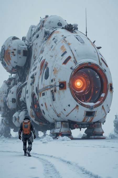 YFG-Sm0rg, YFG-Zaat, A vast snowy landscape with a lone traveler, equipped with a backpack and a helmet, walking towards a massive, derelict spaceship. The spaceship, appearing aged and worn out, has a prominent circular window emitting a glowing orange light. The sky is overcast, and the overall ambiance is cold and desolate.