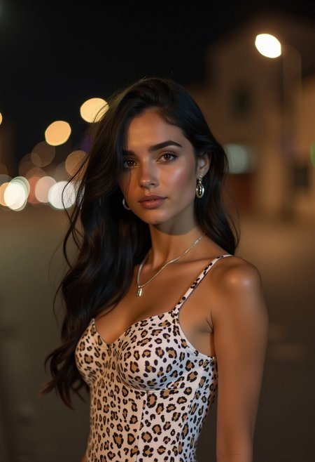 cute 29yo young turkish woman, seductive, lustfull, beautiful, sexy, cute, from side, short size, small size, solo, long hair, black hair, slender body, young face, slim, petite, brown eyes, sweet girl, petite body, sexy attire, white short dress with leopard pattern, sleevless dress, bare shoulders,  light abs, pale skin color, night, street, medium size breasts,, braceled, necklaces,, shy, worried, mini-circle earrings