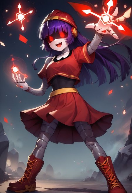 score_9,score_8_up,score_7_up, ASCII,masterpiece,
MD-Doll,android, robot, joints, mechanical_arms, mechanical legs, pixie cut purple hair, hollow eyes, red pixel eyes,red crop top, red skirt, black tank top, red boots, red dress, casting spell, magic, glowing hand,red helmet,dinamic pose,voluptuous,