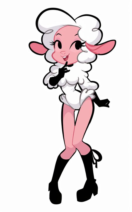 score_9, score_8_up, score_7_up,((best quality)), absurdres,((full body)),  <lora:3d-2d:0.8>,  <lora:LeggyLambPXL:0.8>,LeggyLambPXL,sheep ears, furry, goat ears, pink skin,black eyes, slim, skinny,black gloves, long sleeves, gloves, white leotard, wool,body wool,boots,white background,white hair