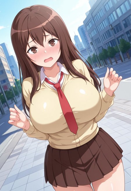 general,highres, ultra-detailed,very aesthetic,best quality ,best hands,best eyes,easynegative,
dynamic anglre, dutch angle, anime cloring,
1girl solo,looking at viewer,city,embarrassed, open mouth, 
Madoka,brown_hair, long_hair, brown_eyes, huge_breasts,school uniform