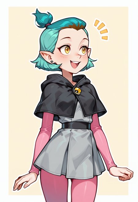 masterpiece, best quality, very aesthetic, absurdres, simple background, 
BREAK 1 girl, solo, AmityOH, short hair,  teal hair, small ponytail, yellow eyes, pointy ears, earrings, grey dress, black capelet, pink pantyhose, pink sleeves, happy,
BREAK <lora:AKinuNishimura_Style:1.0>, <lora:Smooth_Booster_v2:0.4>, good hand,  <lora:Amity_Blight__Illustrioous:1>