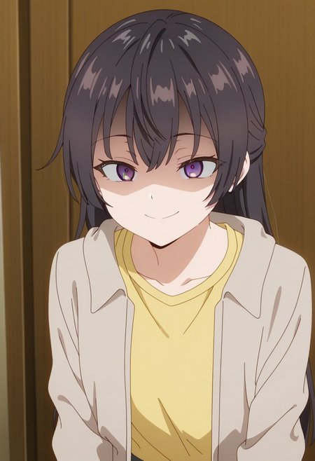 masterpiece,best quality,amazing quality,
, yuki suou, long hair, black hair, purple eyes, 1girl, solo, smile, closed mouth, shaded face, shirt, jacket, yellow shirt, anime coloring