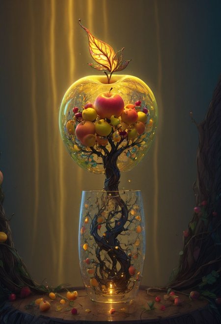 photograph, photorealistic, ultra-realistic, intricately detailed, wide angle, fine fractal glossy vivid colored shiny contours outlines of a glass apple with a ("a glowing golden flying female fairy uses her wand to transform a tree to solid gold.") inside, surreal, gradient, windy,  petals floating on the wind, swirling ribbons of ink and light. linquivera, liiv1