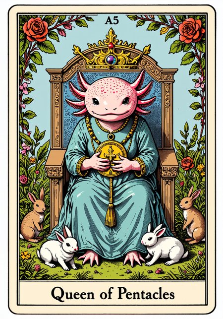 a tarot card in the style of ck-tc featuring, axolotl, A tarot card with the text "Queen of Pentacles," an axolotl on a throne in a garden, holding a pentacle, rabbits nearby, a nurturing demeanor.<lora:Axomodel_Flux_V1.1.safetensors:1.0:1.0> <lora:ck-tarot-000015.safetensors:1:1>