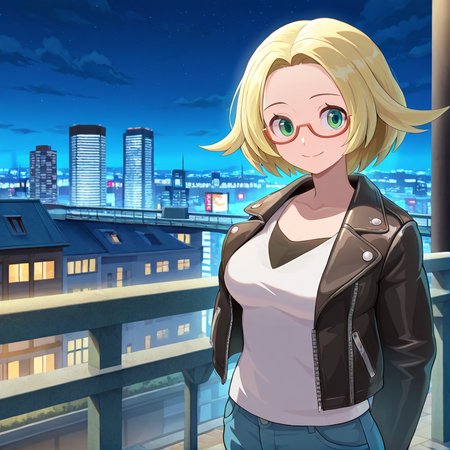 (masterpiece), (best quality), (ultra-detailed), amazing quality, very aesthetic, illustration, perfect composition, intricate details, absurdres, incredibly absurdres, <lora:bianca_bw2_illustrious:1>, biancabw2, 1girl, solo, blonde hair, glasses, green eyes, semi rim glasses, rimmed glasses, leather jacket, white shirt,  blue jeans, outside, city, street lights, smile,  breasts, night time,