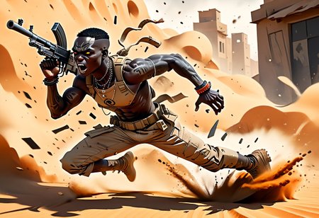 chibi,(black skin,) sand-colored torn T-shirt, (machine gun), 
shamanic tattoos on the body, 
action pose, run,
angry,
desert, sand, day, ruin, african hit, 
BREN Mk1 Light Machine Gun,
(hands on machine gun),
African chibi man run with machine gun, (((black skin))), African,  ((( anarexic body))),  pear-shaped face, short neck, long arms, broad shoulders, Fleshy nose,  Low Forehead,  Bold Tapered black Eyebrows, African shamanic tattoos,
 (graphic novel style, dark novel style),(anime),(masterpiece:1.4), (colourful, soft cinematic light:1.1), incredibly lifelike, Extremely high-resolution details, 8k, best quality, extremely detailed, contrast,