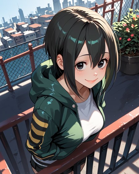 PonyScores7, source_anime, ah1, <lora:natsumi_style:1>, BREAK 1girl, (<lora:MHA - Asui Tsuyu v1:0.8> mhatsuyu),  (affectionate smile), (Leaning against a fence or railing, looking away, as if waiting for someone or something,), (a rundown punk bar, nestled in the heart of the city's punk scene, with peeling paint, scuffed floors, and mismatched furniture salvaged from thrift stores, Punks of all stripes gather to swap stories and share drinks, while bartenders with punk patches sewn onto their jackets pour pints of cheap beer and pour shots of bottom-shelf liquor), looking at viewer, BREAK <lora:xl_more_art-full_v1:0.2>, <lora:shinyskin2:0.2> glistening skin, <lora:aesthetic_anime_v1s:0.2>, <lora:Expressive_H:0.2> Expressiveh, <lora:hairdetailpxl:0.2> hairdetailpxl, <lora:EpicF4nta5yXL:0.2>, <lora:detailxl:0.2> detailxl, <lora:Fant5yP0ny:0.2>, best quality, amazing quality, best aesthetic, absurdres, <lora:expressive eyes:0.2> expressive eyes, <lora:eyedetailpxl:0.2> eyedetailpxl, illustration, Volumetric_Lighting, ultra-detailed, very aesthetic, intricate details, 8k, masterpiece, best_quality, BREAK (((Eye-level angle view Distance shot))), BREAK <lora:Eyes_High_Definition:0.3> EyesHD, Stable_Yogis_PDXL_Positives, AS-Adult, <lora:Complicated fantasy portrait - XL Pony V2.0:0.4>, bad-hands-5,