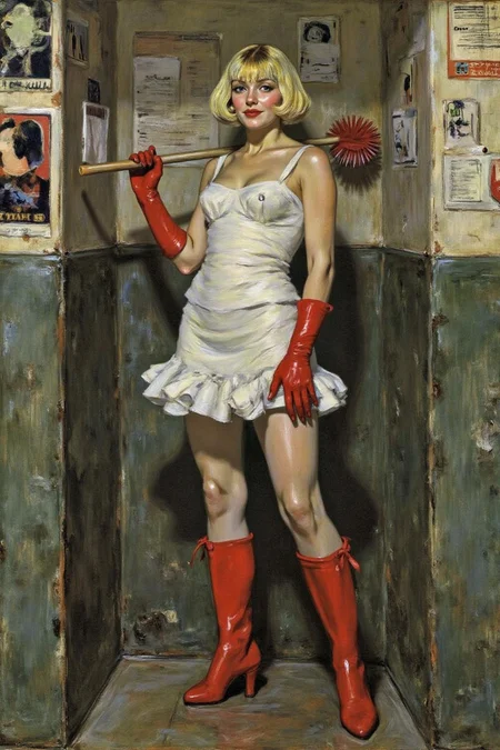 lautrec1 painting
A slim Swedish woman stands confidently in a small, dingy restroom. She platinum blonde bob haircut and a fringe bangs. She is wrapped in rolls of white bandages like a mini dress, and wear bright red rubber gloves and matching boots. She holds a large toilet brush with a playful smile, juxtaposing glamour with an unexpected setting. The surrounding walls, adorned with worn posters, add a gritty, urban edge to the surreal, fashion-forward scene. <lora:lautrec4_nocap_d6a3:1.0><lora:813629993428023500:0>