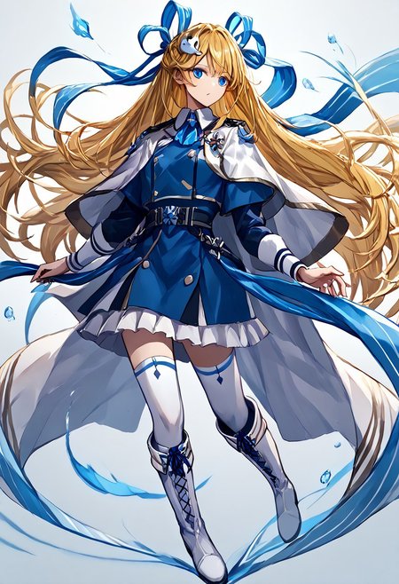 score_9, score_8_up, score_7_up, score_6_up, score_5_up, score_4_up, source_anime, solo, 1girl, 
ExoMikailis, blonde hair, very long hair, Mikailis hair, hair ornament, blue hair ribbon, white thighboots, boots, cape,  blue eyes,  Mikailis uniform, 
masterpiece, best quality, very aesthetic, absurdres,
