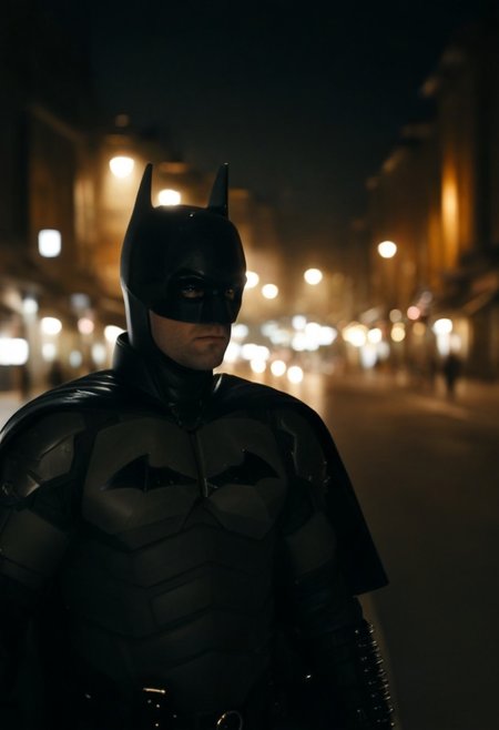 batman, dark cinematic, dark cinematic style, wide angle exterior background, silhouette, light, dark , shallow depth of field, vignette, highly detailed, high budget, bokeh, cinemascope, halogen street lights, night, old city street, eerie