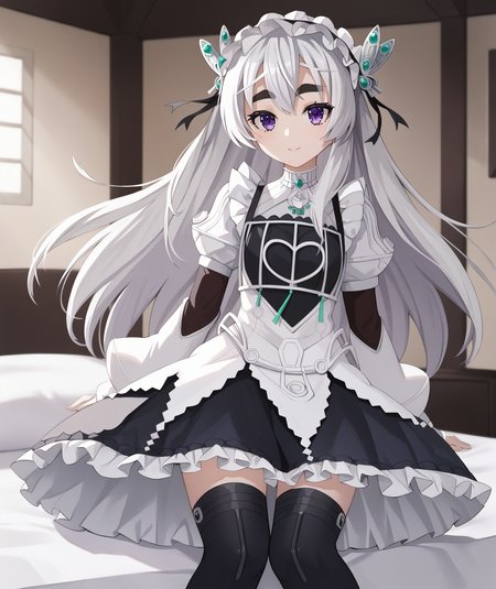 score_9, score_8_up, best quality, masterpiece, 2d, intricate details, official style, anime, 4k, anime style, beautiful face,
1girl, solo, female, long hair, purple eyes, thick eyebrows, white hair, grey hair, hair ornament,
long sleeves, dress, thighhighs, frills, hairband, puffy sleeves, black thighhighs,
indoors, inside, bed, bed sheet, bedroom, foreshortening, looking at viewer,  cowboy shot, <lora:Chaika1024_Pony:1>, chaika trabant,