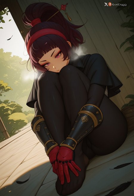 greatdoggo,  outdoors, undershirt, falling feathers, black bodysuit, hair stick, hugging own legs, , gauntlets,   eyeshadow,   red gloves,  high ponytail,  , black capelet, red hairband, pink eyes, 1girl, solo, feet, visible breath,   dynamic angle, foreshortening, smell, steam,