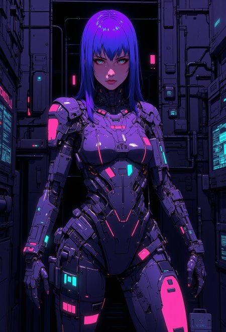 <lora:ck-nc-luminal-genesis:1>, A digital anime artwork in the style of cklg, a cyberpunk humanoid woman with a shiny reflective intricate shiny mechanical high tech component bodysuit, neonpunk, (looking mysteriously at the viewer, eye contact), direct eye contact. a scanner scans the viewer, hunter, nistyle
in a hacker room, stealing hard disk drives
<lora:ck-Sci-Fi-Concepts:0.3>
<lora:flux.1_lora_flyway_Epic-detail_v2:0.6>
<lora:CPA:0.5>
 <lora:test2:0.7>
 <lora:Anime v1.3:0.2>