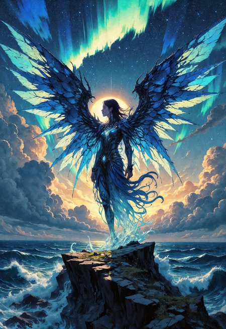 (in Otomo Katsuhiro style:1.2), masterpiece, high-quality, A spectral guardian with fragmented crystalline wings that reflect shifting shades of dusk, Her silhouette is only partly solid with segments dissolving into whirling particles, She stands on a cliff overlooking an endless ocean under an aurora sky, the waves appearing to pull towards her as if in reverence, dusk crystal, ocean spirits, aurora mist, (Stylized in surrealist impressionism with ethereal transparency and glowing edges:1.1), (elaborate fine details:1.1), (hyperdetailed:1.1), (intricate details:1.0), (Refined details:1.1), (best quality:1.1), (high resolution:1.2), <lora:FLUX\Anime v1.3:0.6> <lora:FLUX\VividlyReal:0.6> <lora:FLUX\FLUX-daubrez-DB4RZ:0.4>