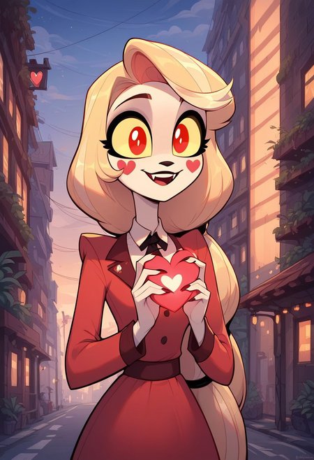 masterpiece, score_9_up, score_8_up, score_7_up, score_6_up, score_5_up, source_furry, rating_safe, (best quality:1.1), ultra-detailed, high resolution, solo, highly detailed macro illustration, xcharliex, blonde hair, low-tied long hair, yellow sclera, red eyes, dress, outside, (((beautiful detailed eyes))), sunset, standing in the middle of a crosswalk, (holding  giant heart:1.4), Highly Visible, ((8k)), sharp focus, perfect lighting, anatomically correct, extremely detailed, cute face, city street, high detail, Expressiveh, detailed background, OverallDetail, zPDXL2